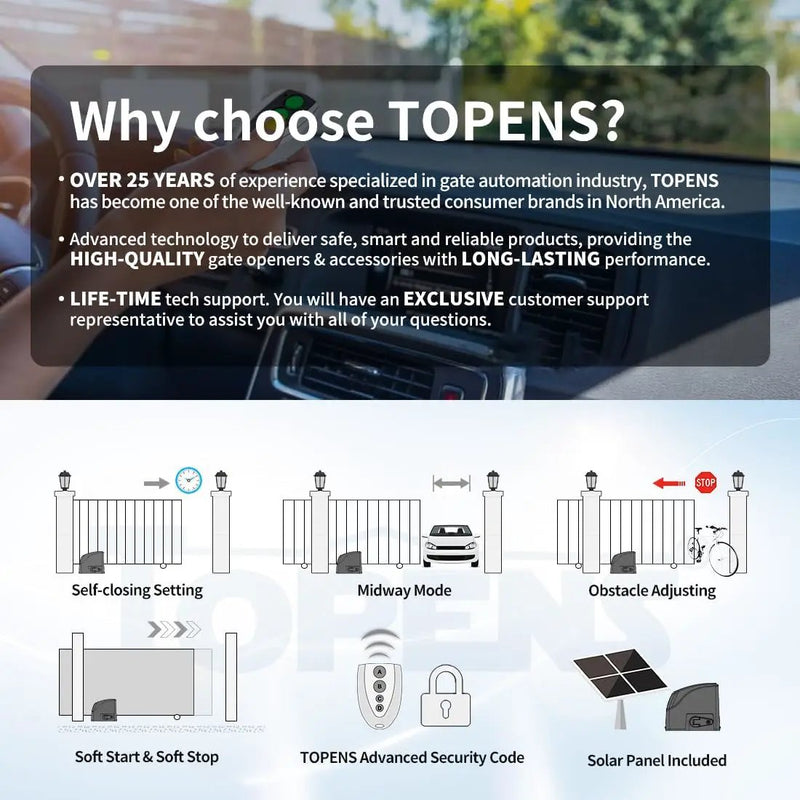 TOPENS DKR500ST Solar Sliding Gate Opener Rack Drive Automatic Gate Motor for Heavy Driveway Slide Gates Up to 1300 Pounds, Electric Gate Operator Battery Powered with Solar Panel Remote Control Kit by GreenHaven Gardens