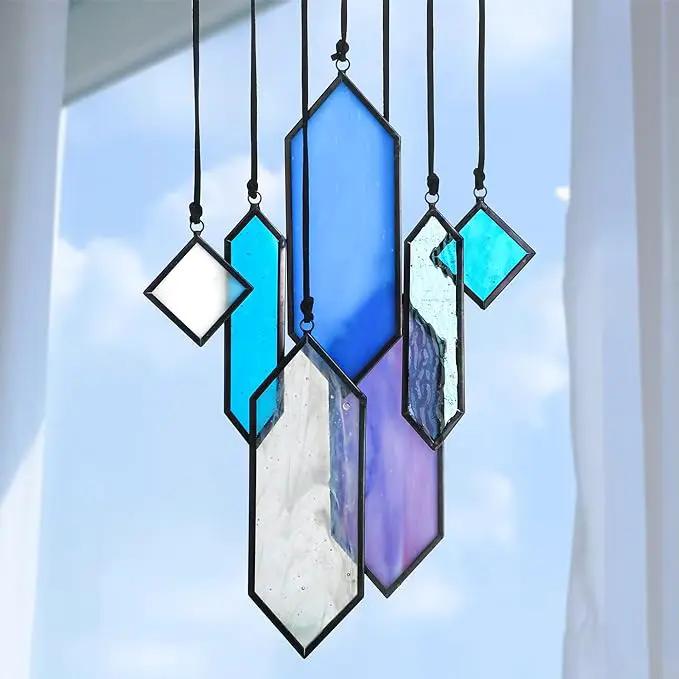 HDCRYSTALGIFTS Stained Glass Window Hanging Suncatchers - 7 Pieces Handcrafted Element Earth Tones Set,Modern Blue Wall Art Sun Catchers Indoor Window Glass Decor Gifts for Mom,Grandma by GreenHaven Gardens