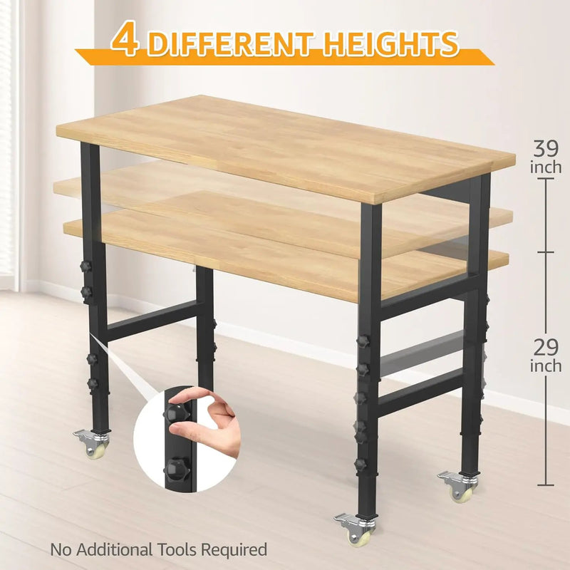 48" Adjustable Workbench,Heavy-Duty Work Table,3000 LBS Load Capacity Hardwood Workstation with Wheels,for Workshop, Garage by GreenHaven Gardens