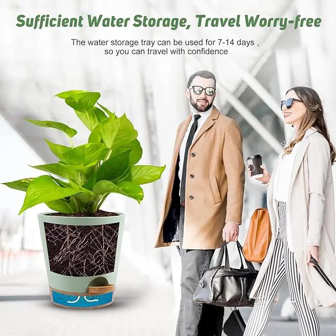 Indoor Self Watering Planters with Drainage Holes and Saucers, 8, 7, 6.5, 6, 5.5, 5 Inches, Green, 6 Pots by GreenHaven Gardens
