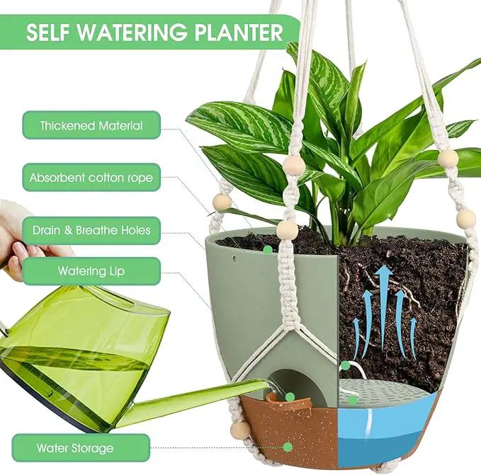 Hanging Planters for Indoor Outdoor Plants, 2 Pack Self Watering Hanging Pot with Drainage Holes, Removable Tray & 2 Kinds of Plant Hangers, 10'' Hanging Flower Pots for Home Garden Decor, Green by GreenHaven Gardens