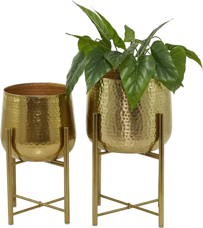 CosmoLiving by Cosmopolitan Metal Indoor Outdoor Planter Deep Recessed Hammered Dome Large Planter Pot with Removable Stand, Set of 2 Planters 17", 19"H, Gold by GreenHaven Gardens