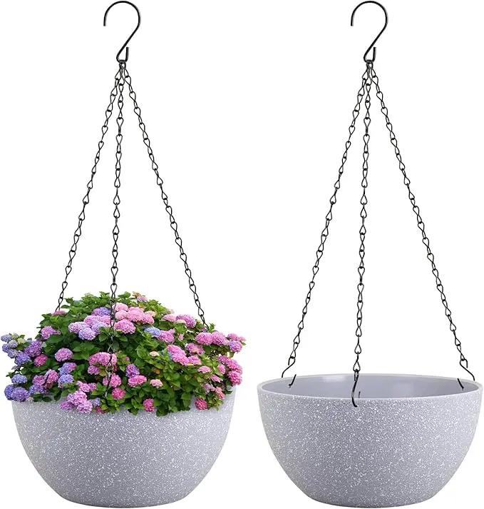 8 inch Small Hanging Planters for Indoor Outdoor Plants, 2 Pack Hanging Flower Pots with Drainage Holes and Chain for Garden Porch, Plastic Hanging Baskets for House Plants, Speckled Grey by GreenHaven Gardens
