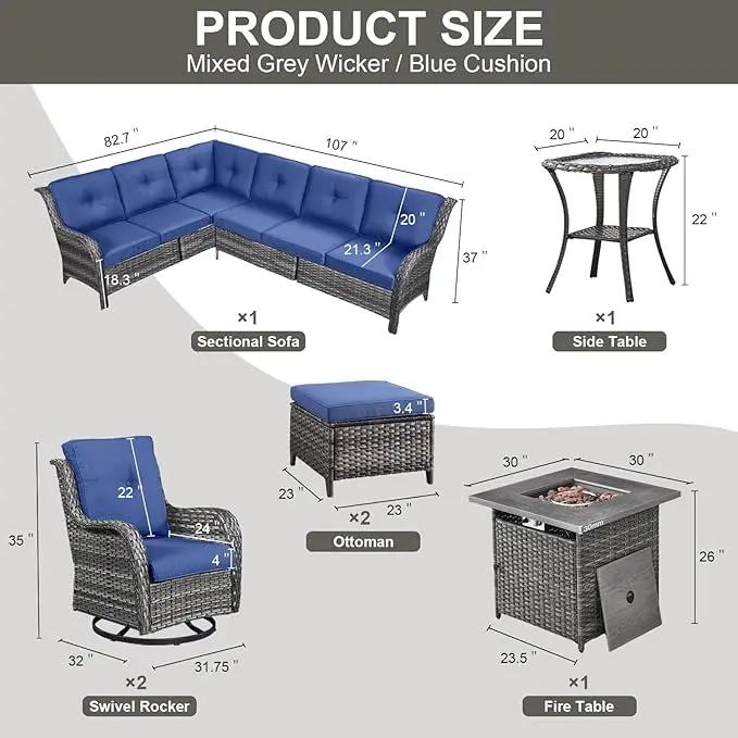 Outdoor Sectional Furniture Sofa Set with Propane Fire Pit Table, Wicker Patio Conversation Set with 2 Swivel Rocker Glider Chairs Blue Cushion Perfect for Backyard Casual Gathering by GreenHaven Gardens