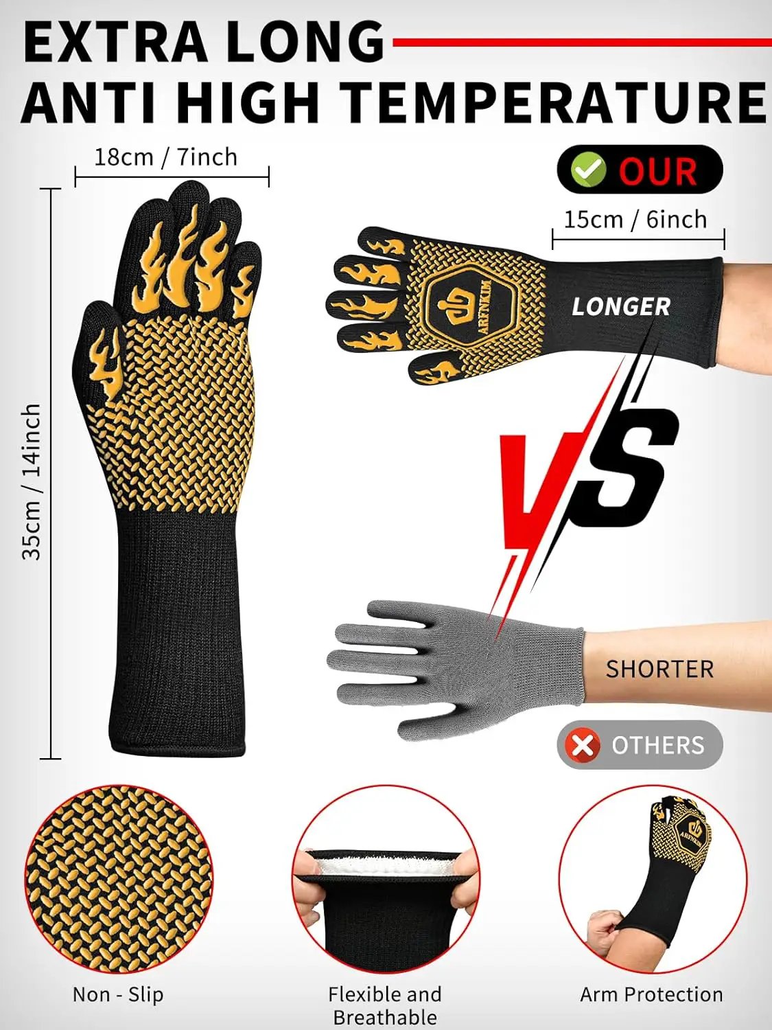 BBQ Oven Gloves, 1472℉ 3-Layers Heat Resistant Oven Mitts Silicone Non-Slip Cooking Gloves for Barbecue, Grilling, Baking, Welding, Smoker (A Pair) (Yellow) by GreenHaven Gardens