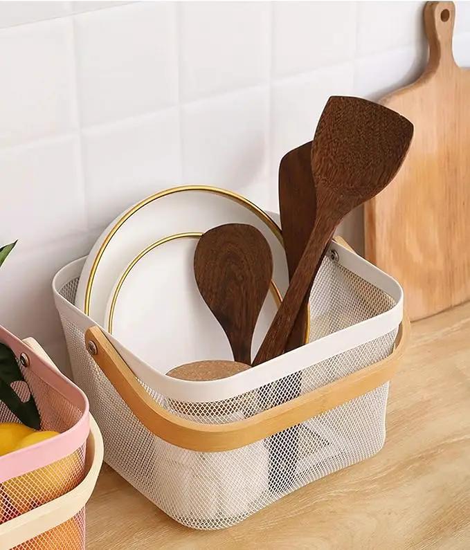 Metal Mesh Steel Basket, Storage Organizer Basket Multi-functional Hanging Kitchen Baskets Fruit Basket Bin with Bamboo Handle for Kitchen Bathroom Picnic Shopping Decor Cabinet Home, White by GreenHaven Gardens