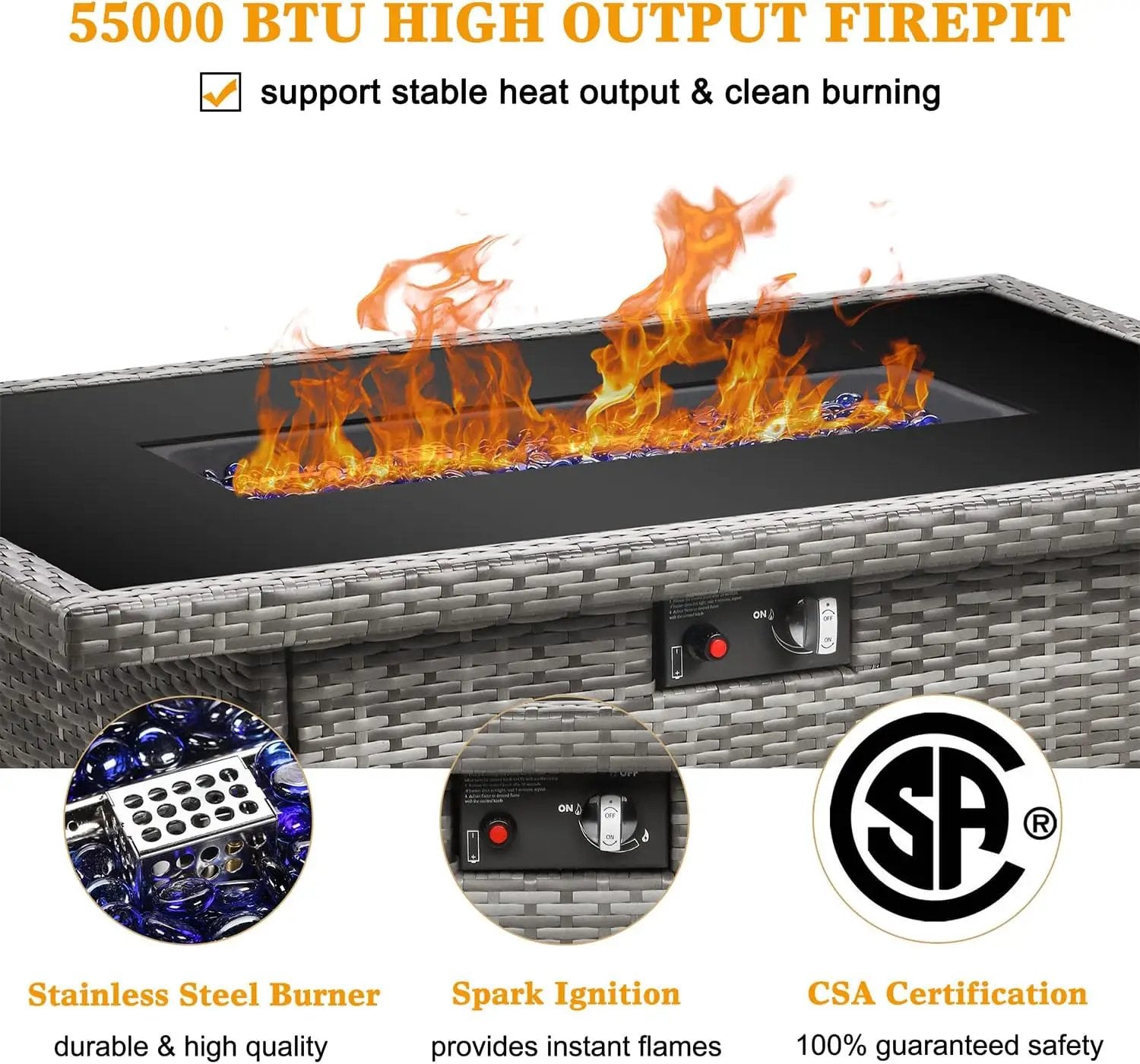 LayinSun 44" Propane Gas Fire Pit Table, 55000 BTU Rectangular Fire Pit with Glass Wind Guard for Outside Patio Deck Garden Backyard by GreenHaven Gardens