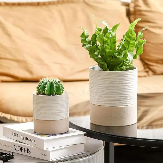 Nihow Self Watering Plant Pot: 4.5 Inch Ceramic Planter with Drainage Hole & Water Storage Plus for Indoor & Outdoor Plants - Cylinder Flower Pot for Herbs/Violets - White & Brown by GreenHaven Gardens
