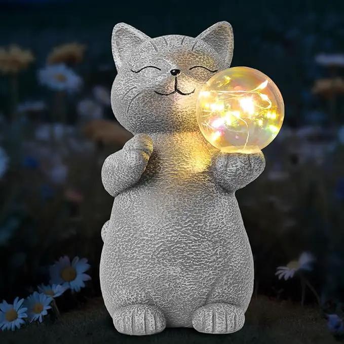 Cat Garden Statue with Solar Ball Light 7.3" Resin Cat Figurine Waterproof for Front Proch Patio Lawn Yard Balcony Decor Birthday Housewarming Gifts for Women Sister Girlfriend Grandma by GreenHaven Gardens