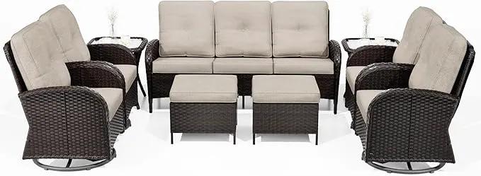 Joyside 9 Piece Patio Furniture Set, Outdoor Wicker Conversation Sets with Swivel Rocker Chairs and Sofa, Thick Cushion, Rattan Patio Sectional for Porch, Deck Use (Brown/Beige, 9 PCS) by GreenHaven Gardens