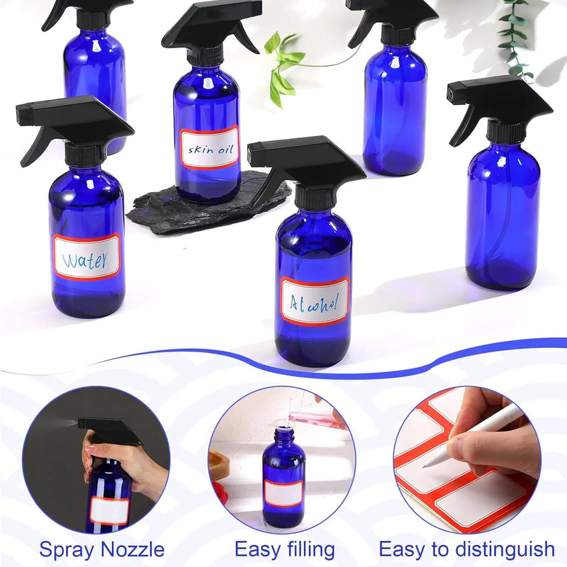 Norme 12 Pcs 8 oz Glass Spray Bottles with Funnels and Labels Refillable Cosmetic Empty Spray Bottles with Sprayer Containers for Essential Oil Cleaning Solutions(Blue,Classic) by GreenHaven Gardens