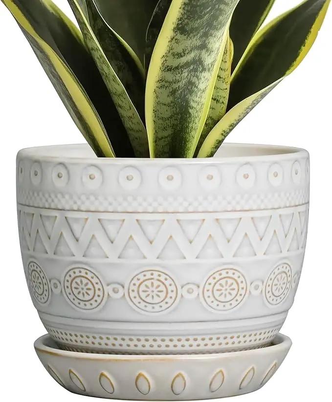 G EPGardening Ceramic Planters for Indoor Plants - 5 Inch Plant Pot for Outdoor Plants Succulent Planter with Drainage Hole and Saucer Flower Pot for Room Decor White by GreenHaven Gardens