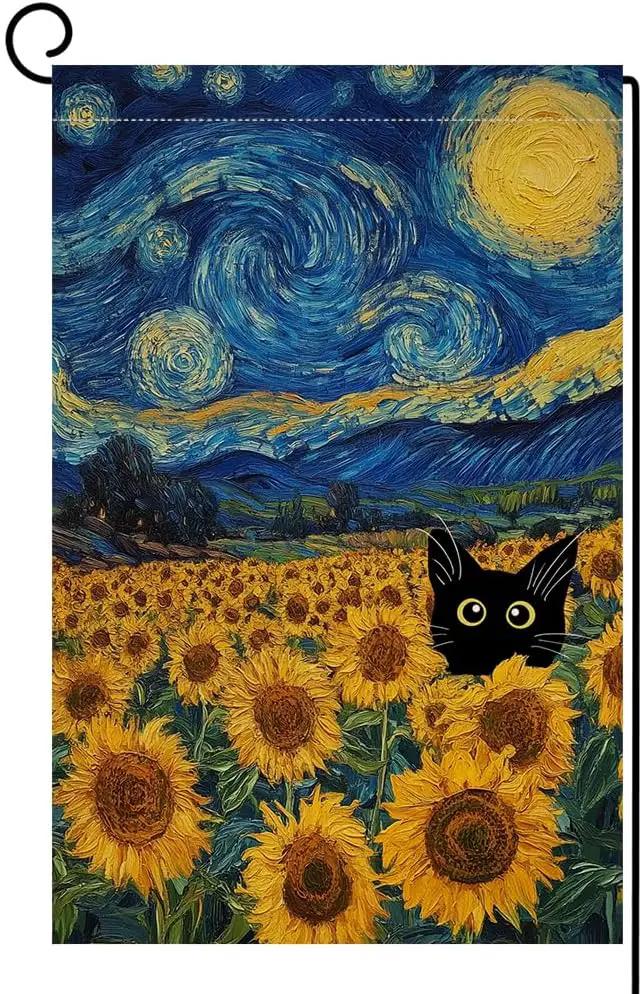 BLKWHT Summer Sunflower Cat Garden Flag 12x18 Vertical Double Sided Blue Sky Welcome Farmhouse Holiday Outside Decorations Burlap Yard Flag BW822 by GreenHaven Gardens