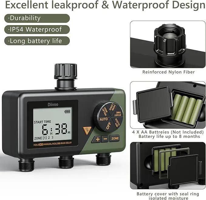Diivoo Sprinkler Timer 3 Zone, Water Hose Timer 3 Outlet for Garden, Programmable Automatic Irrigation Timer with Rain Delay and Manual/Auto Mode Watering IP54 for Lawn, Yard, Pool by GreenHaven Gardens