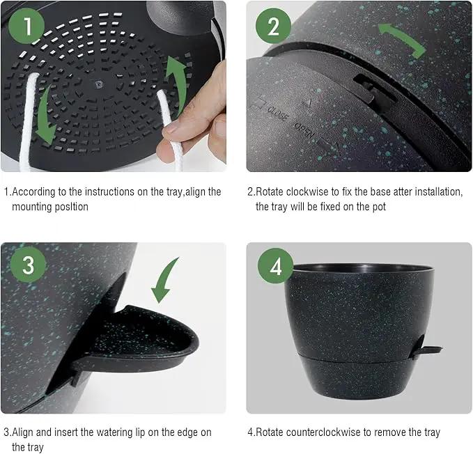 Large Self Watering Pots, 12/10/9 Plastic Planters with High Drainage Holes and Deep Reservoir for Indoor Outdoor Garden Plants and Flowers, Black with Green Speckles by GreenHaven Gardens