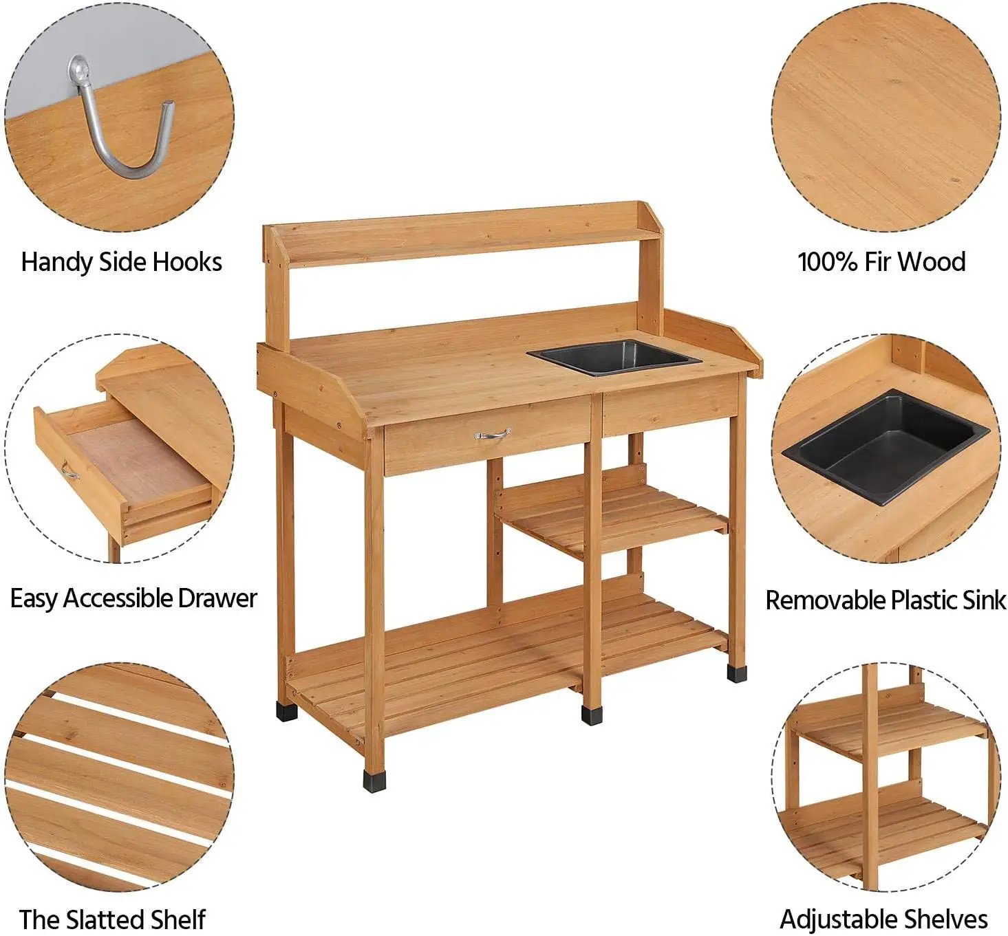 Yaheetech Potting Bench Outdoor Garden Work Bench Station Planting Solid Wood Construction for Horticulture w/Sink Drawer Rack Shelves Natural Wood by GreenHaven Gardens