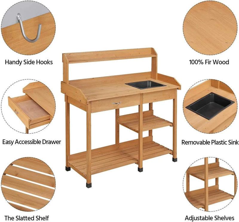 Yaheetech Potting Bench Outdoor Garden Work Bench Station Planting Solid Wood Construction for Horticulture w/Sink Drawer Rack Shelves Natural Wood by GreenHaven Gardens