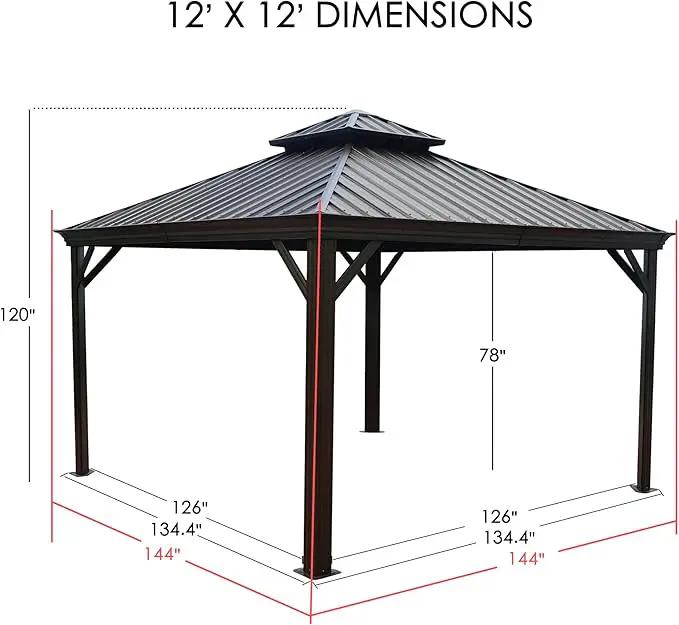 Kozyard Alexander 12' X 12' Hardtop Gazebo, Aluminum Metal Gazebo with Galvanized Steel Double Roof Canopy, Curtain and Netting for Patio Backyard Deck Lawn Brown by GreenHaven Gardens