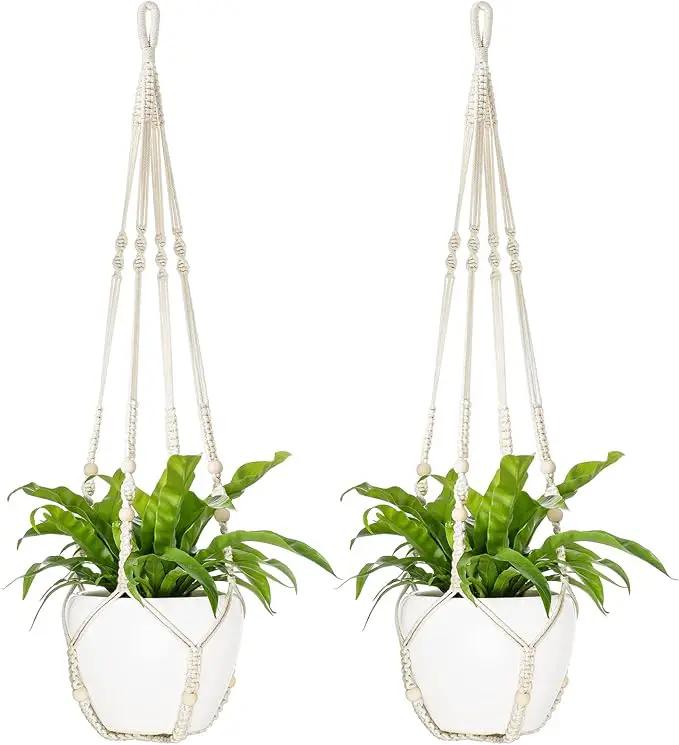 Mkono 43 Inch Macrame Plant Hanger Large for up to 12 Inch Pot Extra Long Hanging Plant Holder No Tassels Hanging Planter Basket with Wood Beads for Indoor Outdoor Boho Home Decor, Ivory, Set of 2 by GreenHaven Gardens