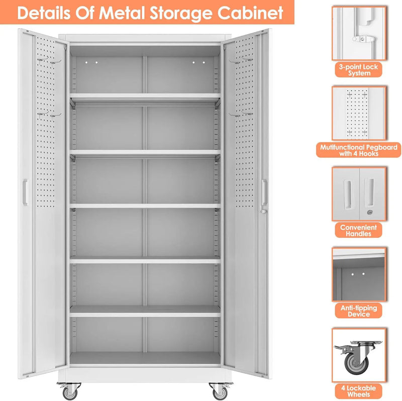 71" H×32" W×16" D Garage Storage Cabinet with Wheels, Locking Metal Storage Cabinet with 5 Adjustable Shelves, 4 Hooks and Pegboard for Garage, Home Office, Kitchen, Assembly Required, White by GreenHaven Gardens