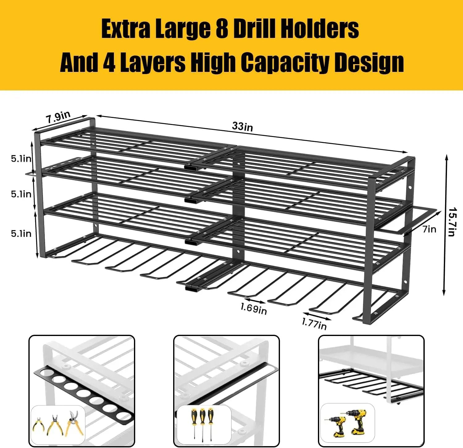 Wall Mount Power Tool Organizer, 4 Layer 8 Drill Hangers Storage Rack, Tool Organizers and Storage for Garage, Workshop, Pegboard, Shed - 33 inch by GreenHaven Gardens