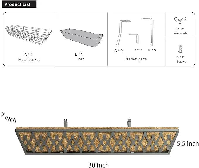Window Boxes Planters: 2 Pack 30 Inch Railing Planter Box with Adjustable Brackets for Porch Fence Patio Balcony Hanging Flower Baskets with Coco Liners for Outdoor Garden Decor - Grey by GreenHaven Gardens