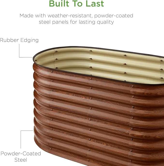 Best Choice Products 4x2x2ft Outdoor Metal Raised Garden Bed, Oval Deep Root Planter Box for Vegetables, Flowers, Herbs, and Succulents w/ 101 Gallon Capacity, Rubber Edge Guard - Wood Grain by GreenHaven Gardens