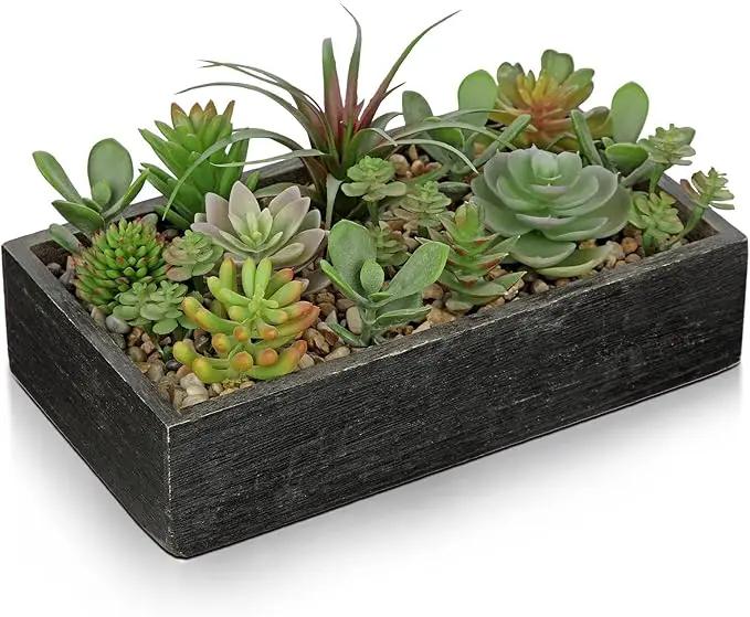 Artificial Succulent Plants in Pot 10 Inch Fake Succulent Arrangement Potted Succulents Plants Centerpiece in Rectangular Wooden Planter for Home Office Desk Shelf Living Room Bedroom Farmhouse Decor by GreenHaven Gardens