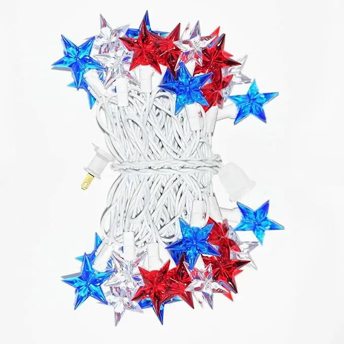 50 LED Red White and Blue Star Lights, 18.5FT 4th of July Lights Plug in, Patriotic Decorations Outdoor Star String Light for Home Patio Porch Garden Memorial Day Independence Day Decor, White Wire by GreenHaven Gardens