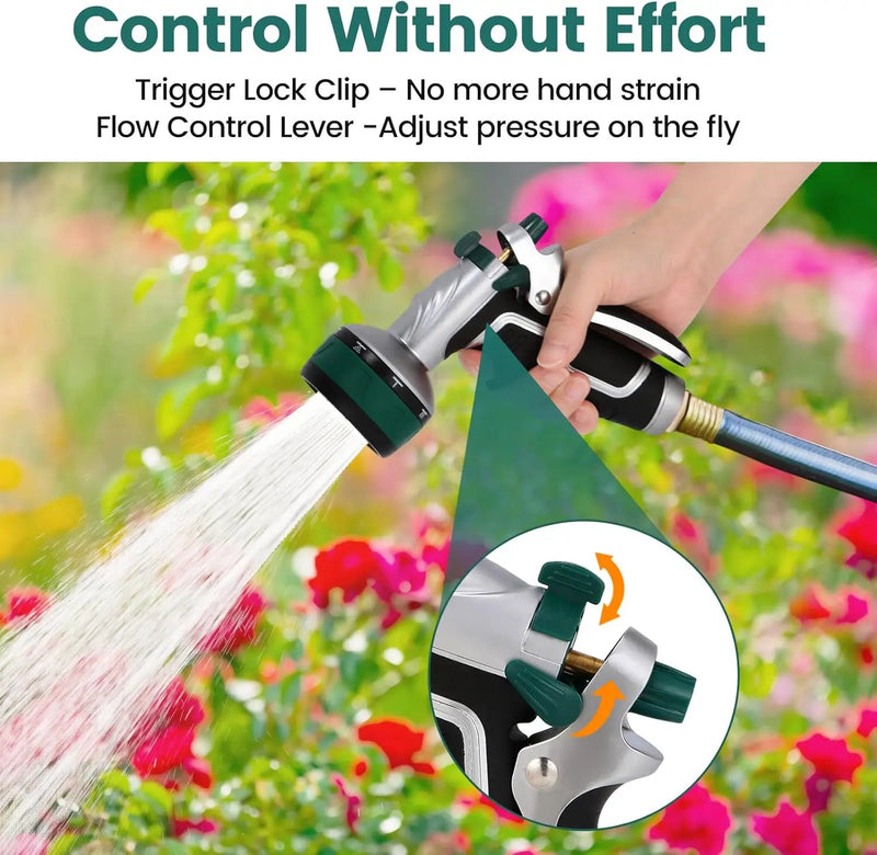 Garden Hose Nozzle, Heavy Duty Metal Water Hose Sprayer Nozzle with 8 Spray Patterns, High Pressure Handheld Nozzle with Flow Control for Lawn & Plant Watering, Car Washing – Forest Green by GreenHaven Gardens