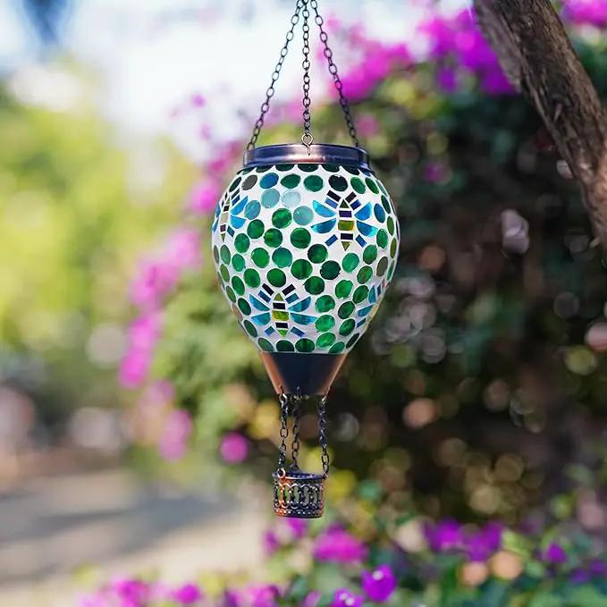 Bee Solar Hot Air Balloon Lantern Outdoor Waterproof, Green Mosaic Glass Hanging Solar Lantern Lights, Outdoor Hanging Lights for Patio Yard Garden Gift for Mom Grandma Women by GreenHaven Gardens