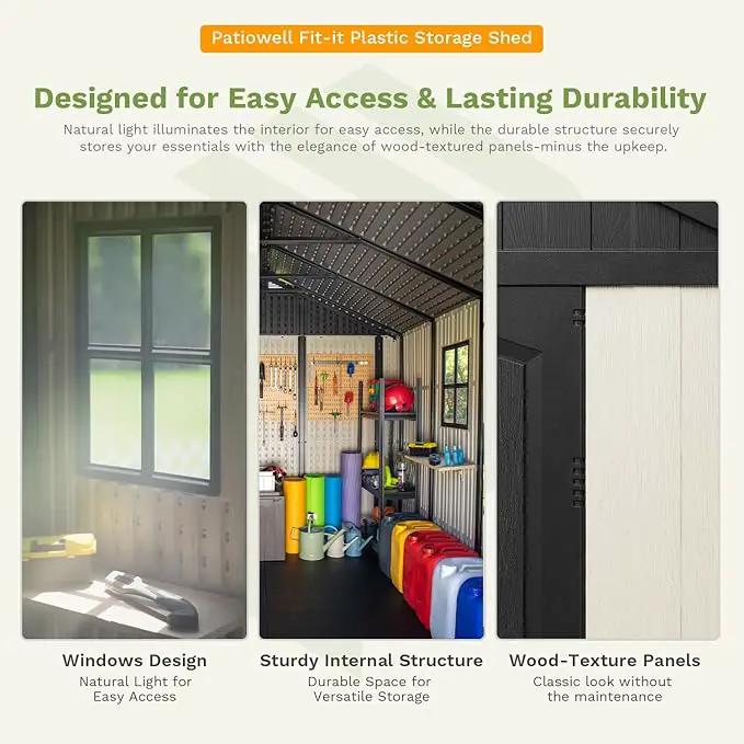 Patiowell 8 x 8 FT Resin Outdoor Storage Shed with Floor, Large Shed with Light and Lockable Door for Garden, Backyard, Tool Storage Use, Easy to Install in Beige (Kick-it Shed) by GreenHaven Gardens
