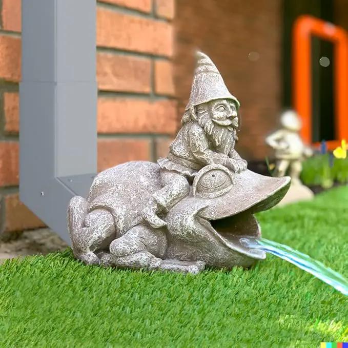 Gutter Downspout Extension - Downspout Splash Block - Downspout Diverter Garden Statue (Gutter in The Form of Funny Gnome on a Frog) by GreenHaven Gardens