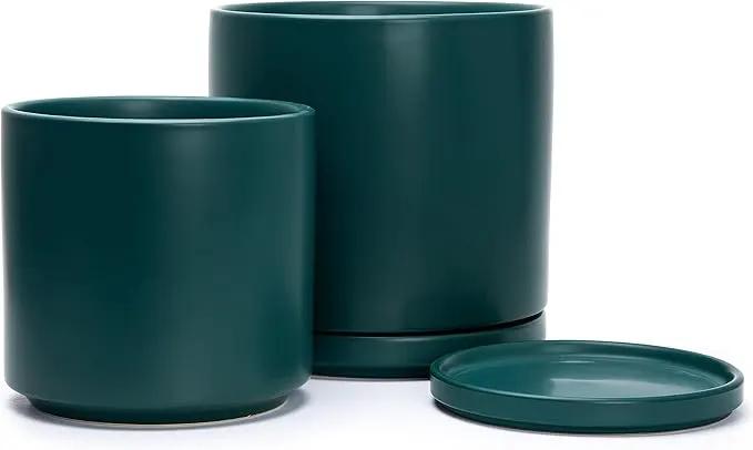 D'vine Dev 8 Inch & 10 Inch Ceramic Planter Pot for Plants with Drainage Hole and Saucer, Large Plant Pots Set, Teal, 94-G-L-9 by GreenHaven Gardens