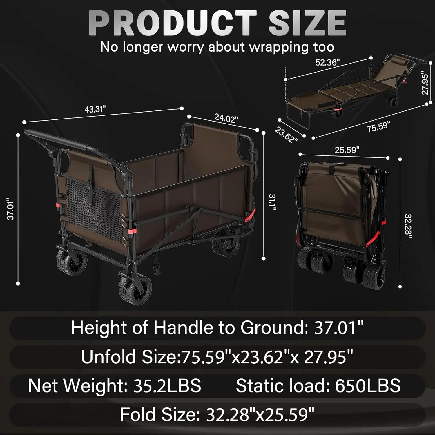 LEVELEVE Heavy Duty Folding Wagon - 2-in-1 Collapsible Cart, 650lb Capacity, All-Terrain Wheels w/Brakes & Side Pockets (Brown) by GreenHaven Gardens