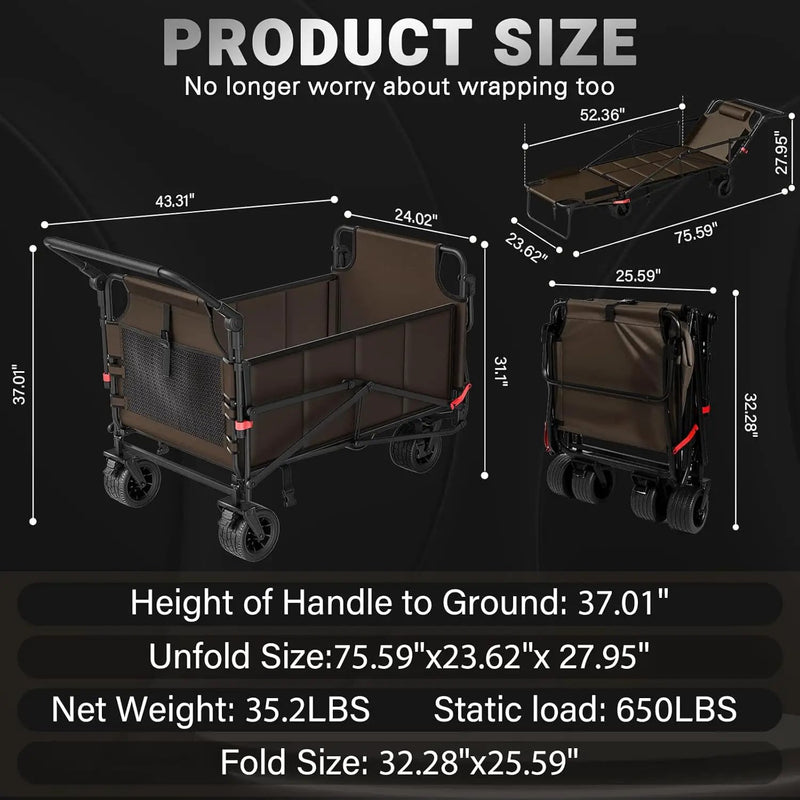 LEVELEVE Heavy Duty Folding Wagon - 2-in-1 Collapsible Cart, 650lb Capacity, All-Terrain Wheels w/Brakes & Side Pockets (Brown) by GreenHaven Gardens