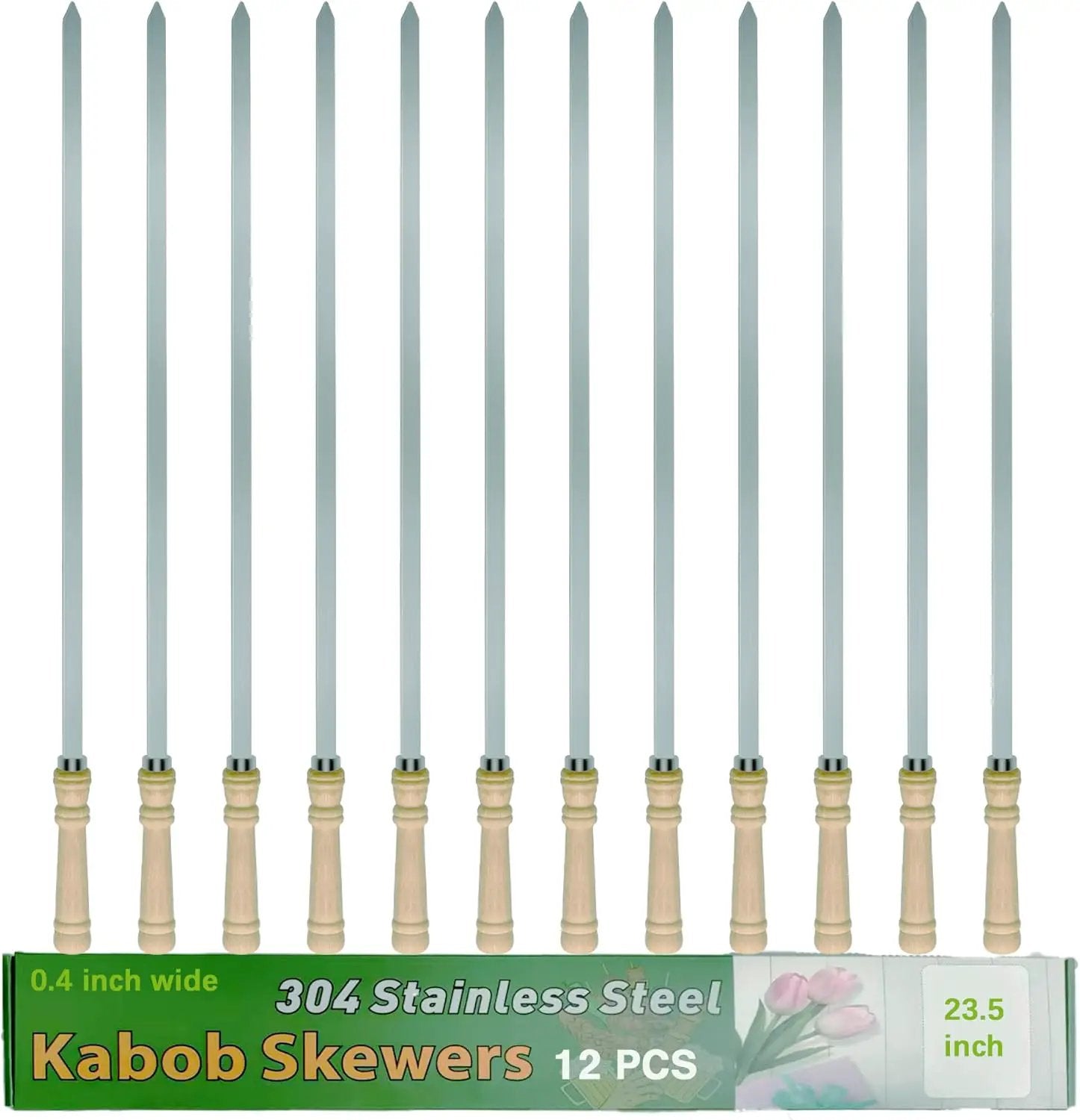23.5" Large Skewers for Grilling,304 Stainless Steel 0.4 inch Wide Kabob Skewers with Wooden Handle,Heavy-Duty Flat Metal Kebab Skewer,BBQ Barbecue Skewer Reusable for Outdoor Grill-12PCS by GreenHaven Gardens