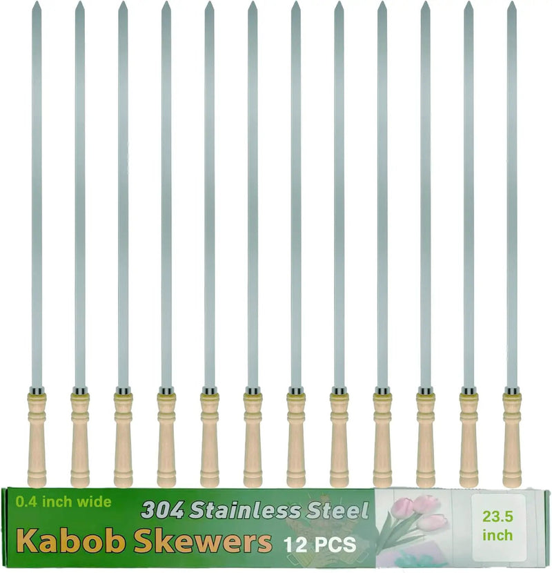 23.5" Large Skewers for Grilling,304 Stainless Steel 0.4 inch Wide Kabob Skewers with Wooden Handle,Heavy-Duty Flat Metal Kebab Skewer,BBQ Barbecue Skewer Reusable for Outdoor Grill-12PCS by GreenHaven Gardens