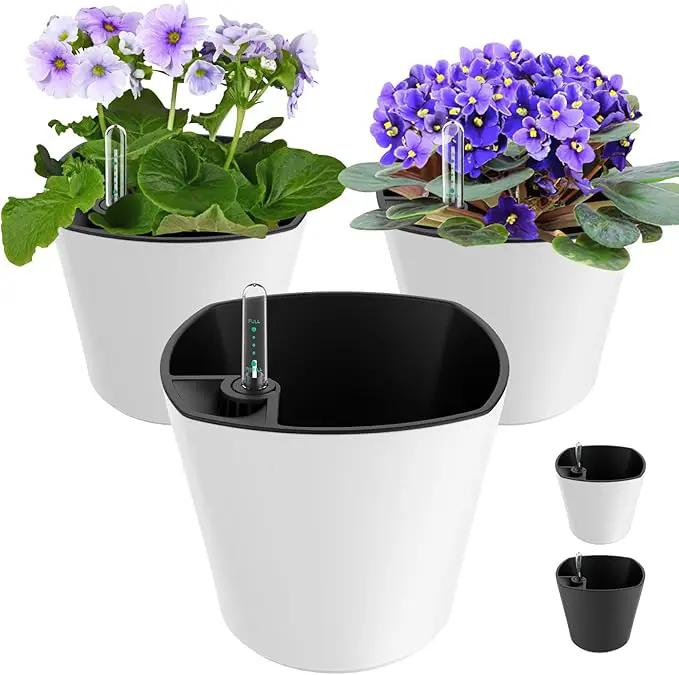 7 inch Plant Pots 3-Pack, Self Watering Flower Pots Indoor Outdoor, African Violet Pots Planters with Drainage Hole Saucer Reservoir, White by GreenHaven Gardens