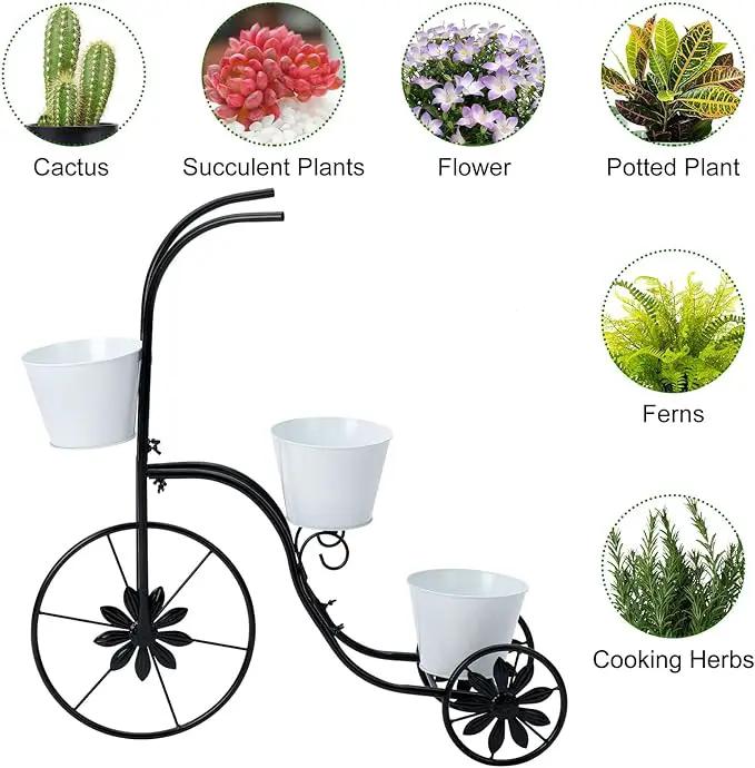 BAYN Bicycle Planter Stand, Metal Flower Pot Cart Holder Tricycle Planter with 3 Plant Bucket Outdoor Decorative for Patio, Deck, Garden or Lawn by GreenHaven Gardens