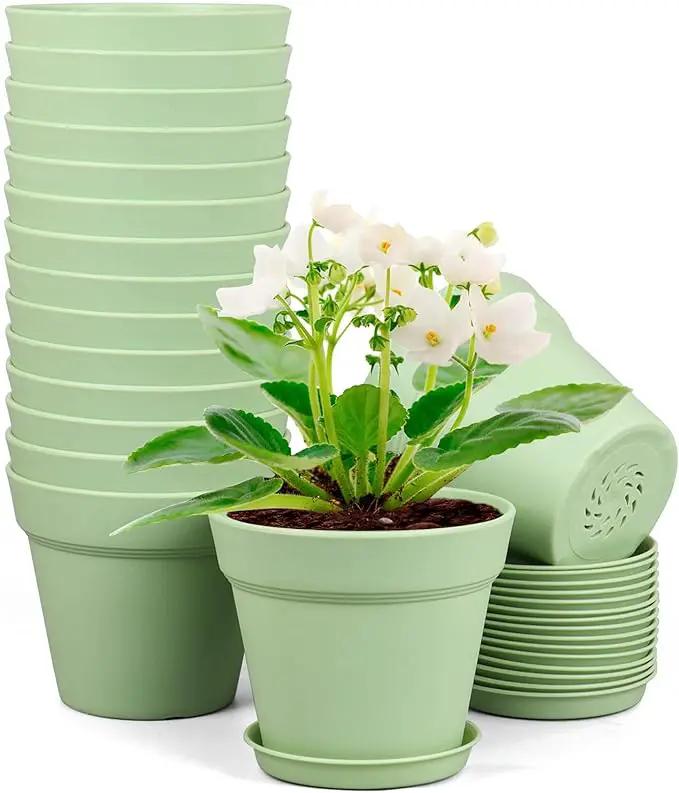 4 inch Small Plastic Nursery Pots, Seedling Pots - 16 Pack Plant Pots for Indoor & Outdoor Plants, Decorative Flower Pots with Drainage Holes and Saucers for House Plants, Green by GreenHaven Gardens