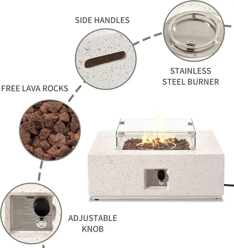 COSIEST 35-inch Square Outdoor Sandstone Propane Fire Pit w Wind Guard and Side Table, CSA Certified, 50,000 BTU Stainless Steel Burner, Free Lava Rocks and Rain Cover, Metal Lid(Beige) by GreenHaven Gardens