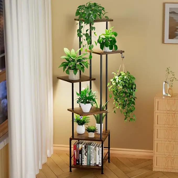 Plant Stand Indoor with Grow Light, 6-Tiered Tall Plant Stand Indoor, Metal Plant Shelf with Hanging Basket Hook and Adjustable Light, Ideal for Living Room, Garden, Patio, （Brown and Black） by GreenHaven Gardens