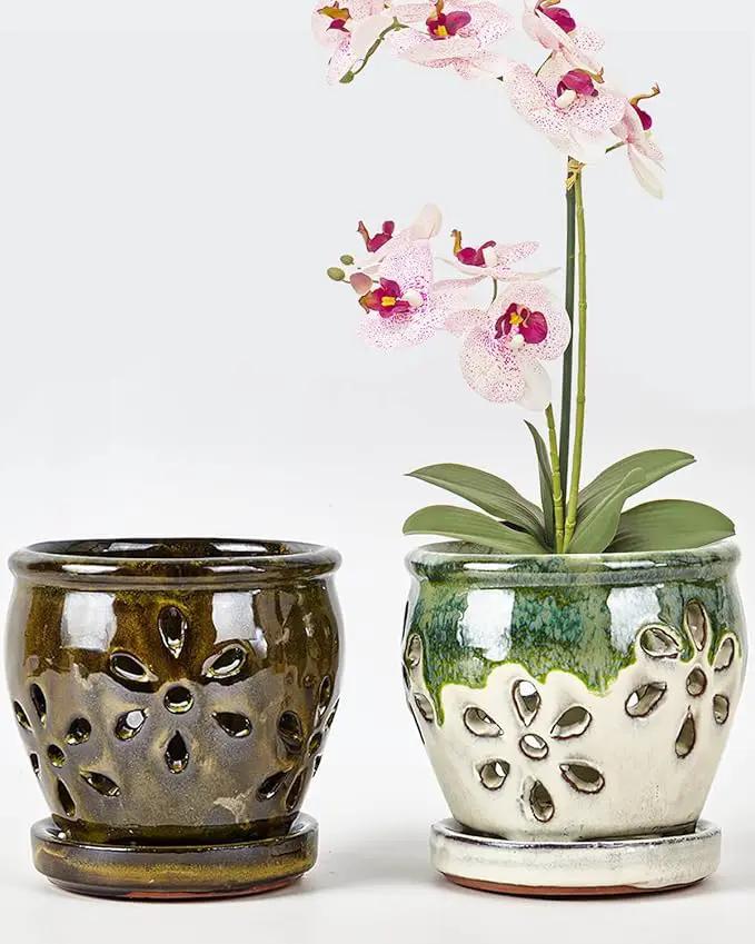 Vensovo 4 Inch Ceramic Orchid Pots with Holes and Saucers - 2 Pcs Small Succulent Pot for Repotting, Garden Flowerpots for Plants Indoor and Outdoor Promotes Air Circulation (Olive Green, Green Mixed) by GreenHaven Gardens