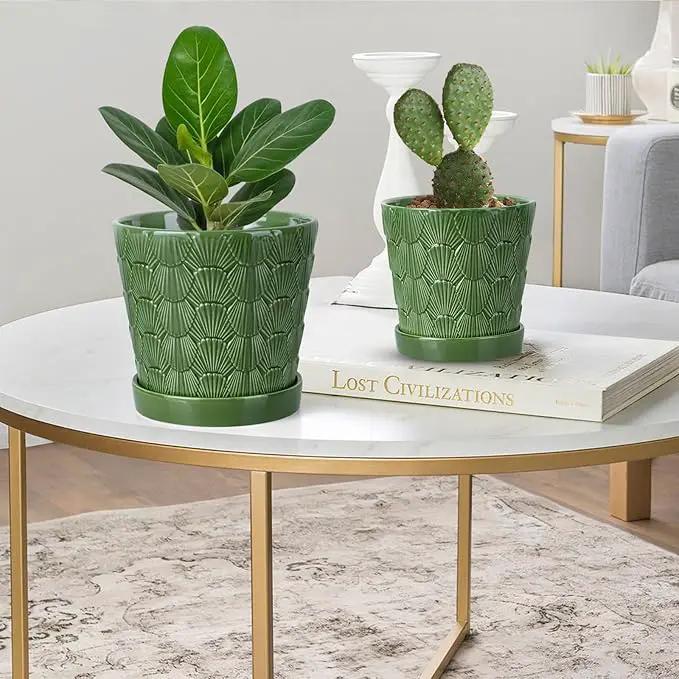 EFISPSS 5+6 Inch Plant Pot, Ceramic Pots for Plants with Drainage, Flower Pots Indoor Pots for Plants, Modern Flower Pots for Home and Office Windowsill Decoration Gift Set of 2 - Patina by GreenHaven Gardens