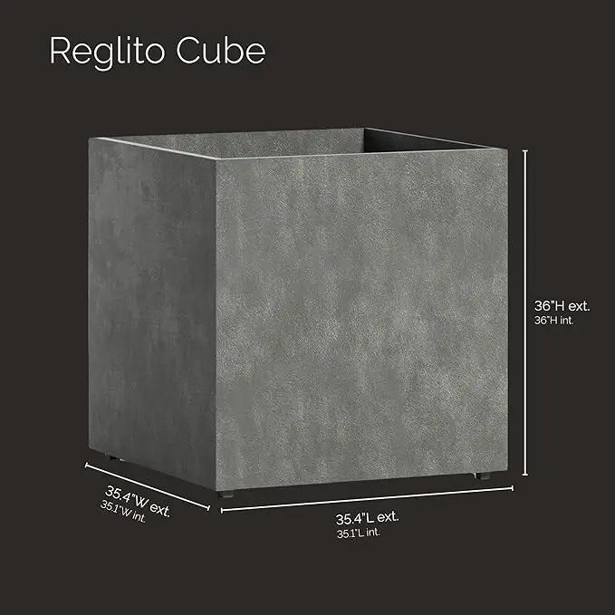 Reglito Cube Planter – Fiberglass Indoor/Outdoor and Weather-Resistant Large Planter (Grey Stone, 35.4" L x 35.4" W x 36" H) by GreenHaven Gardens