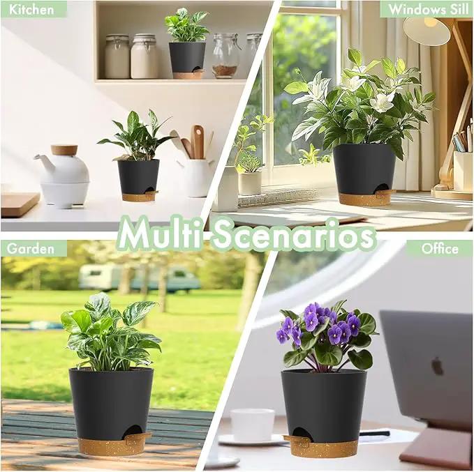 4 inch Self Watering Pots for Indoor Outdoor Plants, 6 Pack Plastic Flower Planters with Drainage Holes and Removable Saucers, Plant Pots with Wicking Rope, Modern Decor, Black Brown by GreenHaven Gardens