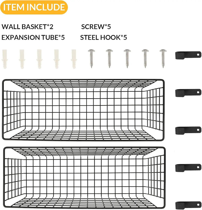 2 Sets Extra Large Hanging Wall Basket, Black Metal Wire Baskets with Steel Hooks for Organizing, WallmountedFruit Vegetable Toy Snack Storage, Home Kitchen Bathroom Laundry Pantry Organizer by GreenHaven Gardens