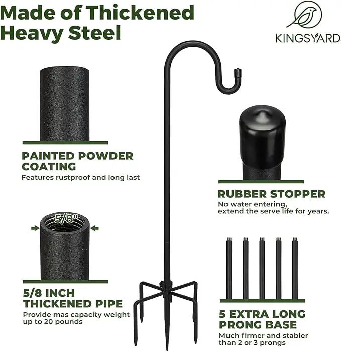Kingsyard Adjustable Shepherd Hooks for Outdoor - 60 INCH Heavy Duty Bird Feeder Pole with 5 Prong Base, Hummingbird Feeder Stand, Garden Plant Baskets, Weddings Decor, Solar Light Lanterns by GreenHaven Gardens