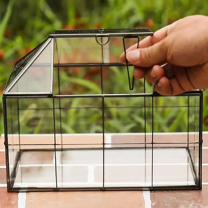 HighFree Geometric Terrarium Planter with Swing Lid, House Shape Black Handmade Glass Box, Vintage Tabletop Miniature Terrarium, for Succulent, Cacti, Air Plants (Not Watertight - 9.2x5.5x7.3 inch) by GreenHaven Gardens
